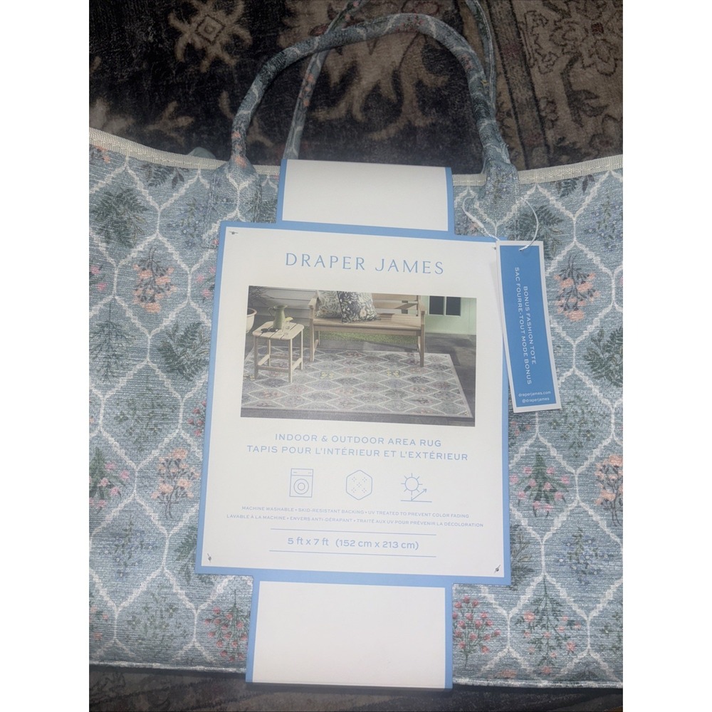 Draper James 5x7 Washable Rug Indoor Outdoor  Floral Trellis Blue Like Ruggable